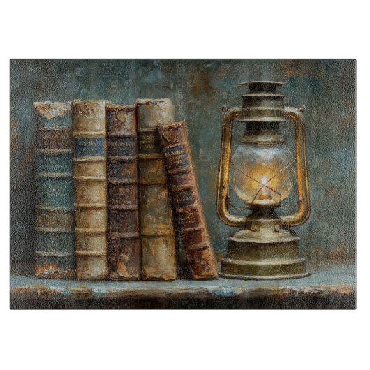 ヴィンテージブックスタック絵を描のアンティークライブラリの壁 カッティングボード (正面)