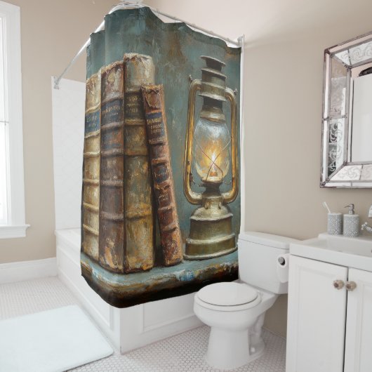 ヴィンテージブックスタック絵を描のアンティークライブラリの壁 シャワーカーテン (インサイチュ)
