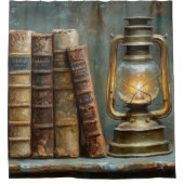 ヴィンテージブックスタック絵を描のアンティークライブラリの壁 シャワーカーテン (正面)