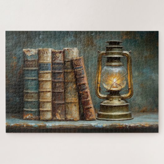 ヴィンテージブックスタック絵を描のアンティークライブラリの壁 ジグソーパズル (横)