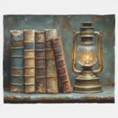 ヴィンテージブックスタック絵を描のアンティークライブラリの壁 フリースブランケット (正面(横))