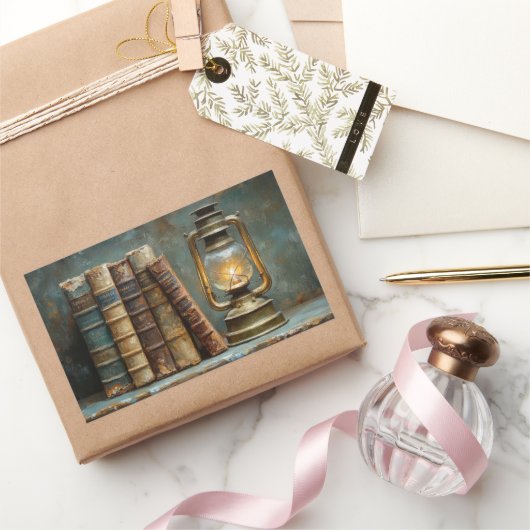 ヴィンテージブックスタック絵を描のアンティークライブラリの壁 長方形シール (ギフト)