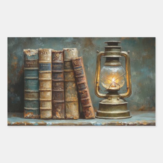 ヴィンテージブックスタック絵を描のアンティークライブラリの壁 長方形シール (正面)