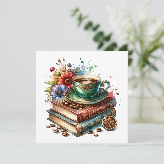 ヴィンテージブック、花とコーヒー カード (スタンド正面)
