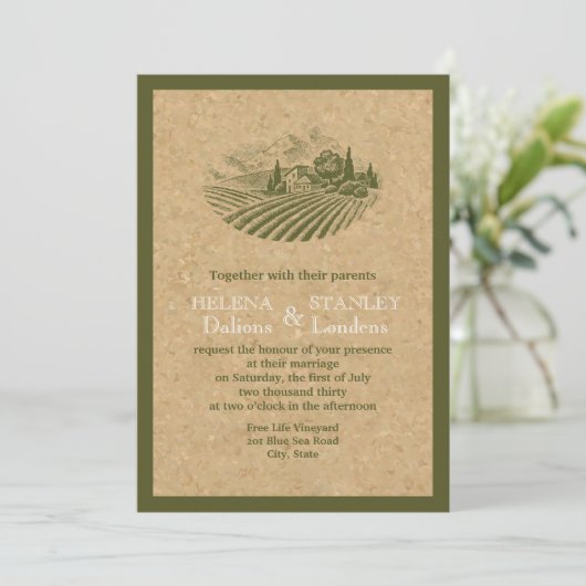 ヴィンテージブドウ園とコルクベージュ赤結婚ーズ 招待状 (スタンド正面)