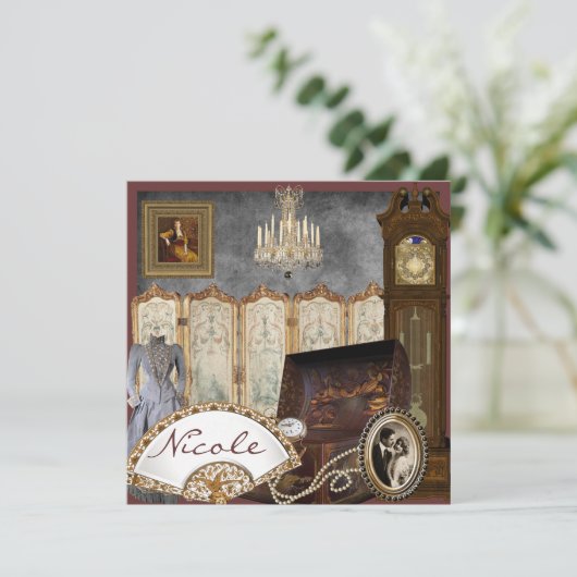 ヴィンテージブライダルシャワーのパーソナライズされた招待 招待状 (スタンド正面)