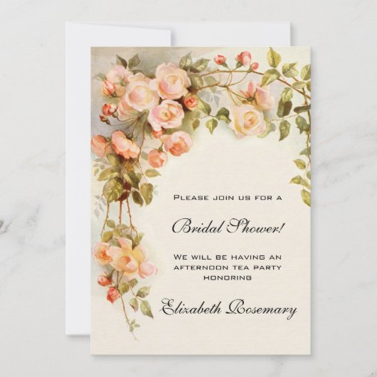 ヴィンテージブライダルシャワーアンティークバラ花フローラ 招待状 (正面)