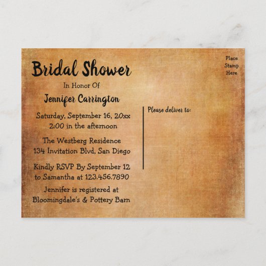 ヴィンテージブライダルシャワーブラウンボグランジホ結婚ズ インビテーションポストカード (裏面)