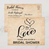 ヴィンテージブライダルシャワーラブハートブラウングランジ インビテーションポストカード (正面/裏面)