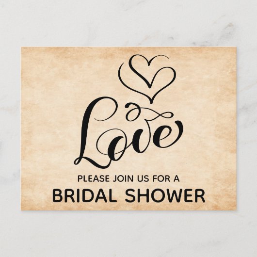 ヴィンテージブライダルシャワーラブハートブラウングランジ インビテーションポストカード (正面)