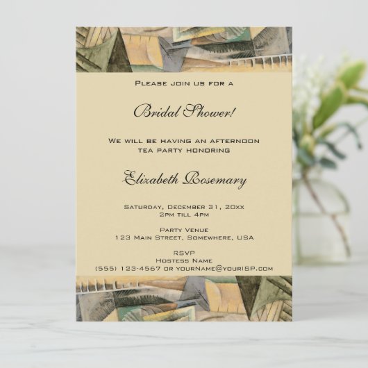 ヴィンテージブライダルシャワー、アーストーンカラー、キュービズム 招待状 (スタンド正面)