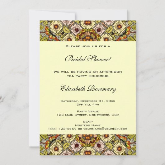 ヴィンテージブライダルシャワー、ガーデンフラワー蝶 招待状 (正面)