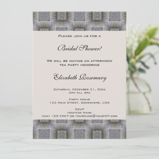 ヴィンテージブライダルシャワー、灰色の正方形とストライプ 招待状 (スタンド正面)