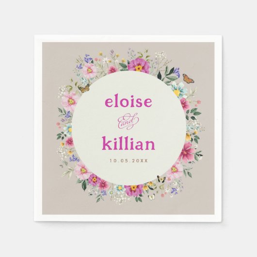 ヴィンテージブライトワイルドフラワー結婚チョウ スタンダードカクテルナプキン (正面)