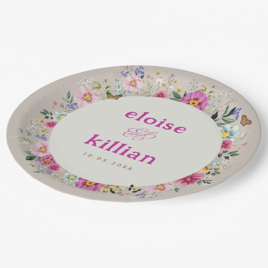 ヴィンテージブライトワイルドフラワー結婚チョウ ペーパープレート (アングル)