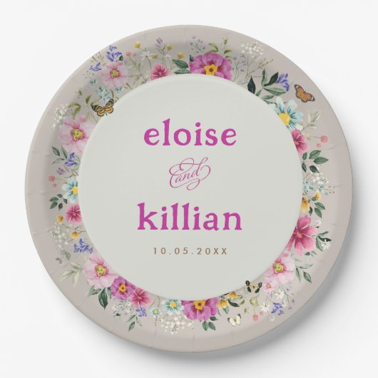 ヴィンテージブライトワイルドフラワー結婚チョウ ペーパープレート (正面)