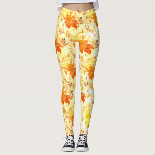 ヴィンテージブライト鮮やかイエローオレンジ秋フローラ レギンス (正面)