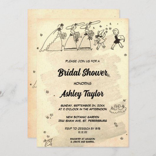 ヴィンテージブライドメイド式レトロブライダルシャワー 招待状 (正面/裏面)