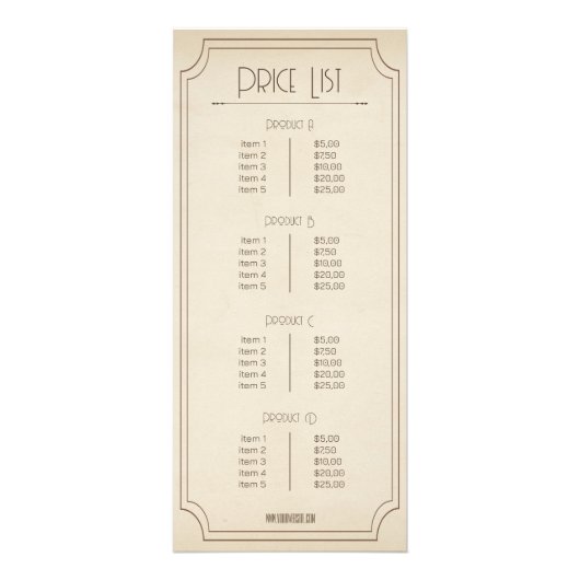 ヴィンテージブラウンとロゴ付きブティック価格リスト ラックカード (裏面)