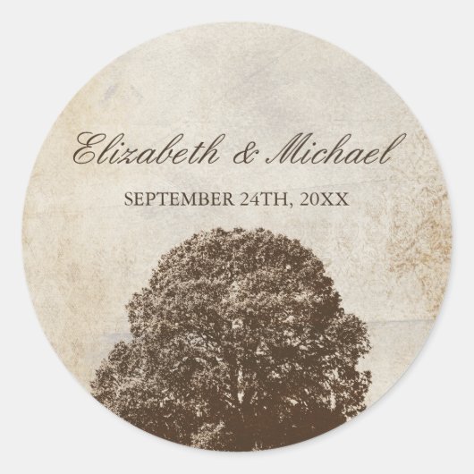 ヴィンテージブラウンオークツリー秋の結婚式優先ラベル ラウンドシール (正面)