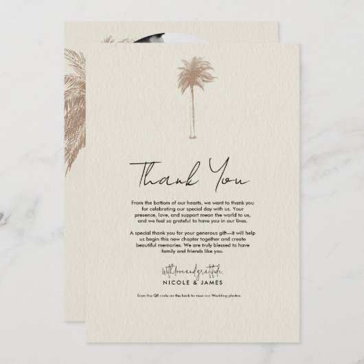 ヴィンテージブラウンパームツリービーチ結婚式ありがとう 招待状 (正面/裏面)