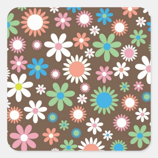 ヴィンテージブラウンフローラデイジーレトロ春の花 スクエアシール (正面)