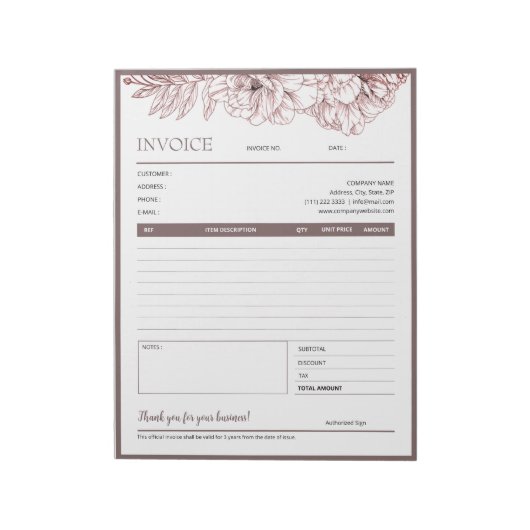 ヴィンテージブラウンフローラフレームのビジネス請求書型枠 ノートパッド (回転)