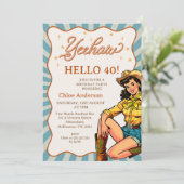 ヴィンテージブラウンブルーウェスタン女性のカーボーイ40歳の誕生日 招待状 (スタンド正面)