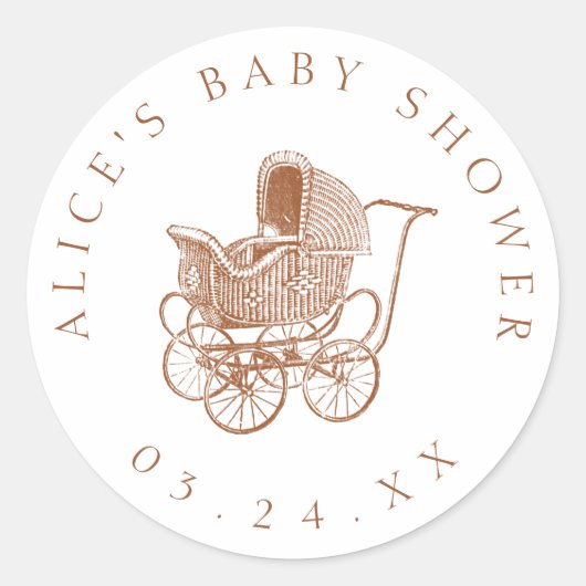 ヴィンテージブラウンベビーキャリッジベビーシャワー ラウンドシール (正面)