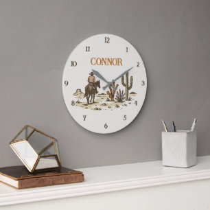 ヴィンテージブラウンベージュウエスタンカウボーイ ラージ壁時計
