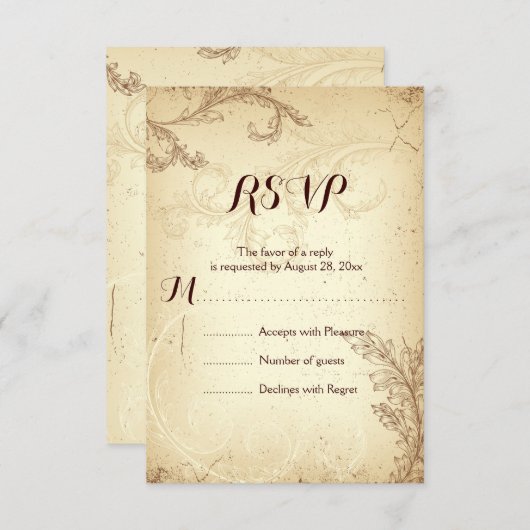 ヴィンテージブラウンベージュスクロール葉結婚式RSVP 出欠カード (正面/裏面)