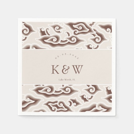 ヴィンテージブラウンモノクロろうけつ染めイニシャル結婚ズ スタンダードカクテルナプキン (正面)
