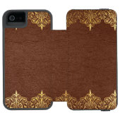 ヴィンテージブラウンレザーとフローラ金ゴールドレースフレーム INCIPIO iPhoneウォレットケース (フォリオオープン)