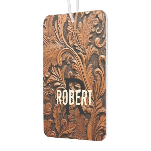 ヴィンテージブラウン工具革モノグラム名 カーエアーフレッシュナー (左)