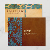 ヴィンテージブラウン&ブルーダマスクレースウェディングRSVP インビテーションポストカード (正面/裏面)