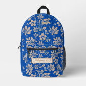 ヴィンテージブラウン&ブルーフローラルパターンとバイブルの詩 プリントバックパック (正面)