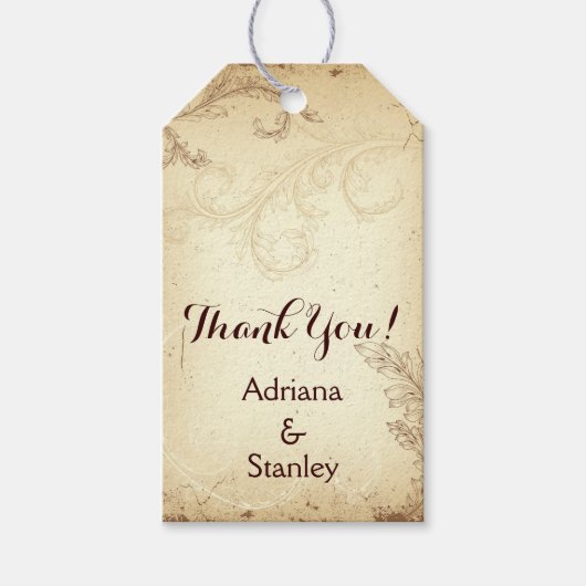 ヴィンテージブラウン、ベージュのス結婚クロールの葉の感謝 ギフトタグ (正面)