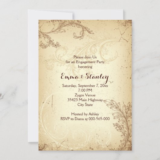 ヴィンテージブラウン ベージュ スクロール リーフ 婚約 パーティー 招待状 (正面)