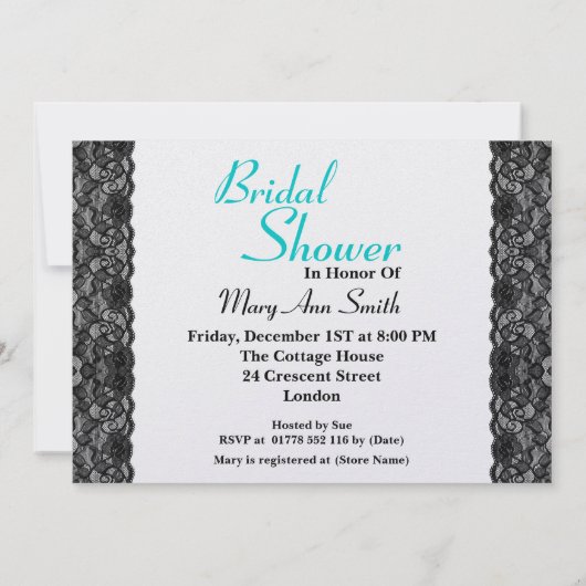 ヴィンテージブラエレガントックレースブライダルシャワーアクアブルー 招待状 (裏面)