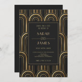 ヴィンテージブラックおよび金ゴールドアールデコパタ結婚ーン 招待状 (正面/裏面)