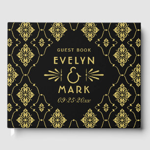 ヴィンテージブラックおよび金ゴールドアールデコ結婚の ゲストブック
