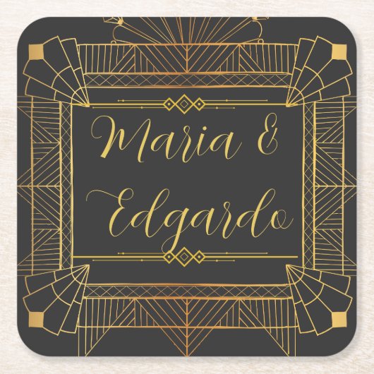 ヴィンテージブラックおよび金ゴールドアールデコ結婚ズ スクエアペーパーコースター (正面)