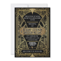 ヴィンテージブラックおよび金ゴールドアールデコ結婚式招待状