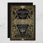 ヴィンテージブラックおよび金ゴールドアールデコ結婚式招待状 招待状 (正面/裏面)