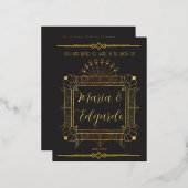 ヴィンテージブラックおよび金ゴールドアールデコ結婚式招待状 箔招待状ポストカード (正面/裏面)