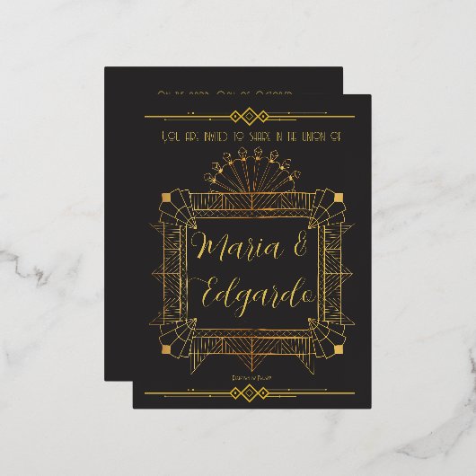 ヴィンテージブラックおよび金ゴールドアールデコ結婚式招待状 箔招待状ポストカード (正面/裏面)