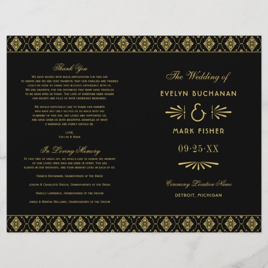 ヴィンテージブラックおよび金ゴールドアールデコ結婚式 プログラム (正面)