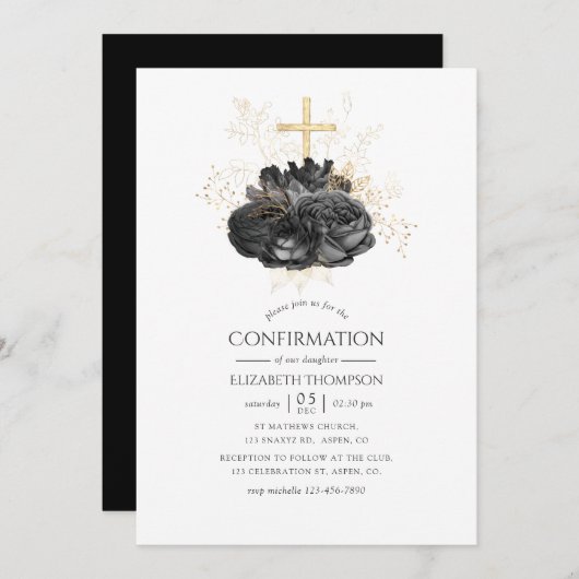 ヴィンテージブラックおよび金ゴールドフローラの確認 招待状 (正面/裏面)