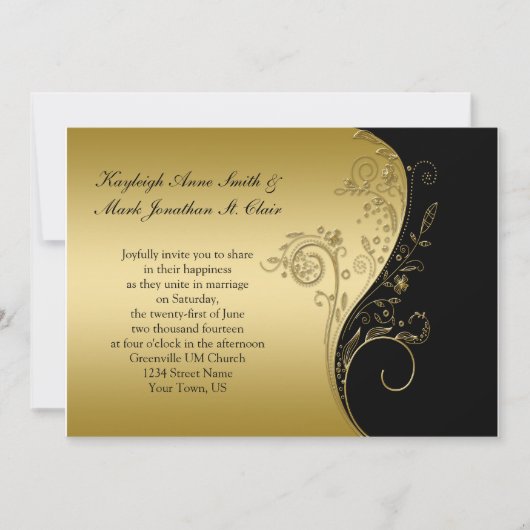 ヴィンテージブラックおよび金ゴールドフローラスワ結婚ール 招待状 (正面)