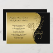 ヴィンテージブラックおよび金ゴールドフローラスワ結婚ール 招待状 (正面/裏面)